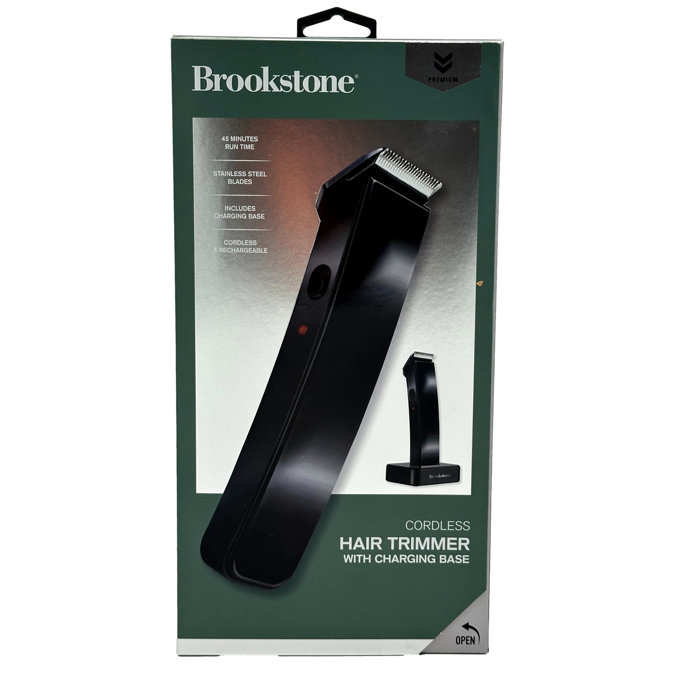 A Brookstone cordless hair trimmer package with charging base.